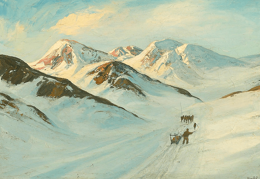 Paseo en trineo por el paisaje groenlandés con montañas iluminadas por el sol